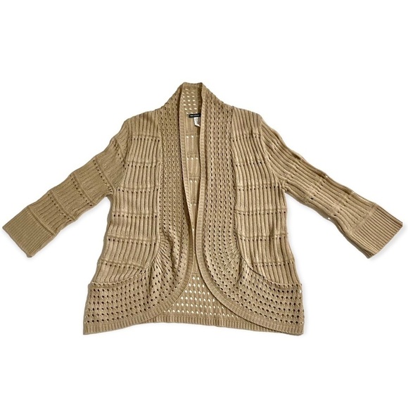 Tan Open-Style Crochet Cardigan Sz Large Open Knit Lightweight Layering - Picture 5 of 10